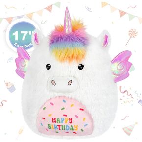 17'' Happy Birthday Unicorn Plush Pillows, Squishy Unicorns Stuffed Animal, Stuffed Pillows Birthday Decor, Unicorns Plush Toys Birthday Gifts for Girls & Boy, Plushies Gifts