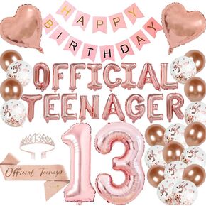 13th Birthday Party Decorations OFFICIAL TEENAGER Party Balloons 13th Birthday Tiara Official Teenager Sash Happy Birthday Banner for 13 Year Old Girls Birthday Party Favor Supplies (rose gold)