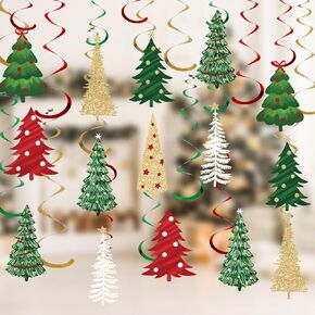 32Pcs Christmas Tree Hanging Swirls Decoration Foil Red Green Gold Xmas Pine Tree Ceiling Spiral Streamers Ornaments for Winter Party Home Wall Supplies