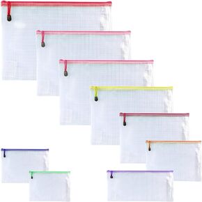 Oaimyy-Mesh Zipper Pouch Bags, 8 Sizes 8 Color Plastic Clear File Pouches for Organization, Zipper Pouches for Office Home Supplies Board Game Storage (Multicolor-9 pcs)