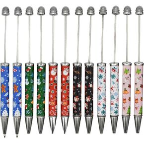 Maydahui 12 PCS Christmas Beadable Ballpoint Pens Retractable Bead Pen DIY Shaft Beaded Pens Santa Claus Snowman Christmas Tree Snowflake Style Metal Black Ink for DIY Making School Party Crafting