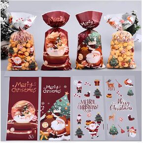 UOVSDABB 50 Pack Christmas cellophane Treat Bags - 5.1x10.8 Inch Christmas elements Treat Candy Bags with 50 Pcs Twist Ties for Christmas Gifts，Christmas Party Favors，Christmas Goodie Bags, 4 Styles