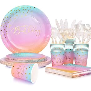 FEENRUI Pastel Birthday Decorations Rainbow Unicorn Birthday Decorations Party Plates and Cups and Napkins Sets for Girls Unicorn Birthday Party Supplies, Serve 25 Guestss