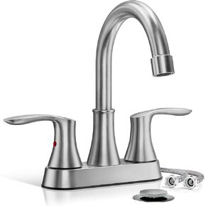 Phiestina Brushed Gold Bathroom Sink Faucet, Widespread 8 Inch 3 Hole Rotatable 360 Degree Modern Bathroom Faucet, with Pop Up Drain and Water Supply Line, WF03-1-BG