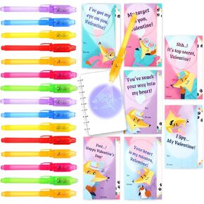 28 Pack Valentine's Day Gifts for Kids Invisible Ink Pen with Valentine's cards for kids Classroom School Exchange Prizes, Magic Pen with UV Light for Secret Message, Kids Gifts