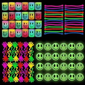 100 Pcs Glow in The Dark Toys - 24 Bouncy Balls, 24 Coil Spring, 24 Sticky Hands, 28 Sensory Stretchy Strings, Goodie Bags Stuffers for Birthday Party, Classroom Prizes , Small Bulk Toys Gifts