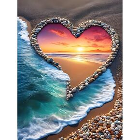 Heart Beach Diamond Art Painting Kits for Adults, 5D Sunset Diamond Art Kits for Beginners, 5D DIY Full Drill Seaside Paint with Round Diamond Dots, Home Wall Decor 12 x 16 Inch