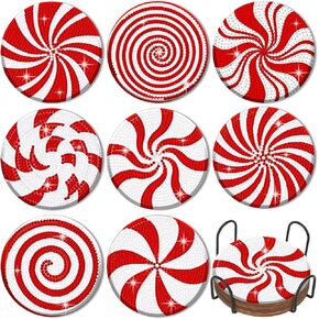 Tanlade 8 Pcs Christmas Candy Diamond Painting Coasters with Holder Christmas Diamond Art Coasters 5d DIY Wooden Red White Candy Xmas Coaster for Adults DIY Crafts Beginners Xmas Decor