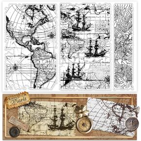 PH PandaHall Map Clear Stamp, Vintage Global Map Silicone Rubber Stamp Sailboat Clear Stamps Transparent Craft Stamp for Journals, Scrapbooking, Photo Albums, Holiday Cards, Gift Tags, 8.3x5.8 inch