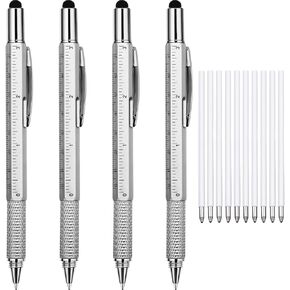Zhanmai 4 Pieces Gift Pen for Men 6 in 1 Multitool Tech Tool Pen with Refills Screwdriver, Ruler, Levelgauge, Fathers Christmas Graduation Party Supplies(Red, Green, Blue, Gray)