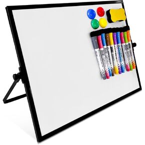 Dry Erase Board, 16" x 12" Magnetic Desktop Whiteboard with Stand,10 Markers, 4 Magnets, 1 Eraser, Double-Sided Portable Board for Drawing, Kitchen Planning, School, Home, Office