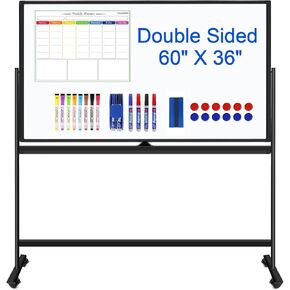 Large Rolling White Boards on Wheels 72 X 36 Inches, Double-Sided Magnetic Mobile Whiteboard with Stands, Dry Erase Board Stand Up White Board with Eraser & Marker & Magnet & Magnetic Calendar