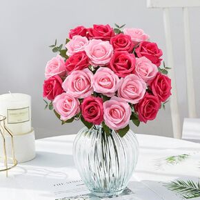 20PCS Artificial Roses with Long Stems - Realistic Silk Flowers, Fake Roses Real Touch Bouquet of Roses for Home Decor, Bridal Wedding Party Table Centerpieces, Bulk Faux Rose Flowers (White Purple)