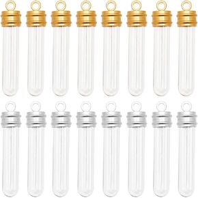 PH PandaHall 16PCS Glass Vial Pendant, 2 Colors Wish Bottle Clear Glass Bottle Charms Screw Cap Hanging Tube Pendant for Earring Necklace Pendant Jewelry Making, Golden & Silver