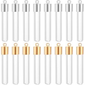 PH PandaHall 16 pcs 30mm Clear Glass Bottles Hanging Tube Wish Bottles with Golden/Silver Metal Caps for Necklace Pendant Jewelry Making, (NOT SCREWABLE, Need Glue ON)