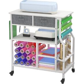 Organization and Storage Cart Compatible for Cricut Machine, Rolling Craft Storage Cabinet with 23 Vinyl Roll Holders and Drawer, Crafting Cabinet Table Workstation for Craft Room Home, Company