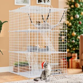 YITAHOME 3-Level Indoor Cat Playpen, Metal Cat Cage Enclosure with Hammock and Stairs for 1-2 Cats, Small Animals (White)