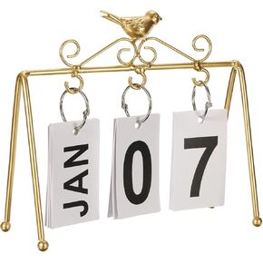 PATIKIL Vintage Wood Perpetual Calendar, Flip Calendar Turn Page Month Date Display for Desk Office Home Decoration Style 2, Golden