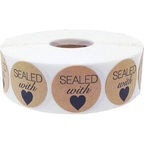 Brown Kraft Circle with Black Sealed with Heart Stickers, 1 Inch Round, 500 Labels on a Roll