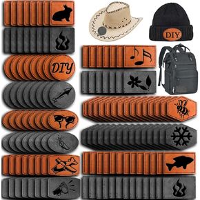 134 Pcs 6 Types of Shape Custom Logo Blank Rustic Hat Leather Patch with Adhesive,Iron on Heat Press Laser Engraving Repair Sew for Cowboy Cap Faux Leatherette Patch (134-6T-Khaki+Grey)