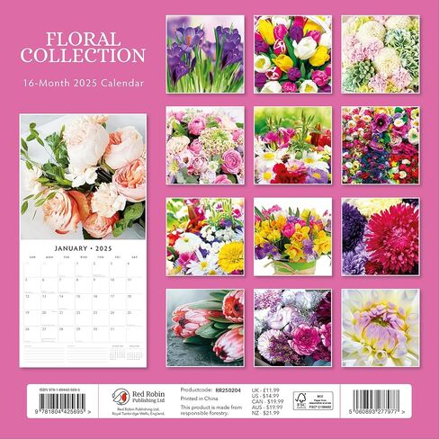 Red Robin 2025 Floral Collection Monthly Wall Calendar | 12" x 24" Open | Premium Thick & Sturdy Paper | Hangable 12 Month Calendar | Plastic Free | 4 Month Transition Page for 2024 in Saudi Arabia