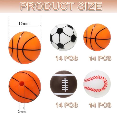 24 Pcs Print Silicone Beads Sports, 15mm Soft Rubber Round Beads for Keychain Wristlets, Football Silicone Beads Pens, Silicone Print Beads Necklace and Bracelets Making in Kuwait