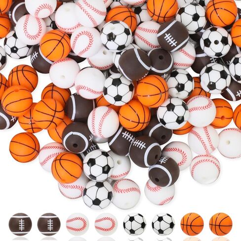 24 Pcs Print Silicone Beads Sports, 15mm Soft Rubber Round Beads for Keychain Wristlets, Football Silicone Beads Pens, Silicone Print Beads Necklace and Bracelets Making in Kuwait