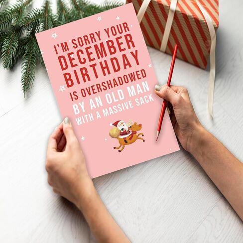 Huameigf Funny December Birthday Card for Women Men, Lovely Christmas Birthday Card Gift for Him Her, Sweet Xmas Card for Friends, I Am Sorry Your December Birthday Is Overshadowed in Saudi Arabia