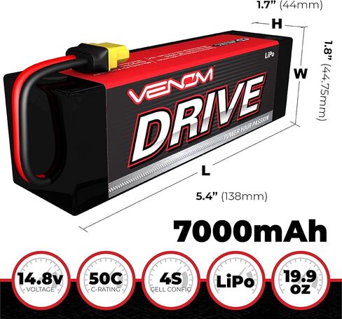 سلسلة محرك Venom 50C 4S - بطارية LiPo RC بقدرة 7000 مللي أمبير في الساعة 14.8 فولت - قابس عالمي 2.0، خلية ليثيوم بوليمر 4 - موصل سيليكون ناعم ومتوافق مع XT60، Traxxas، Deans، EC3، 2WD، 4WD، الشاحنات والعربات in Kuwait