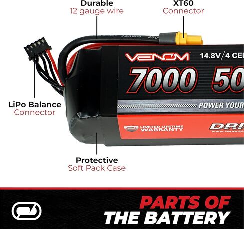 سلسلة محرك Venom 50C 4S - بطارية LiPo RC بقدرة 7000 مللي أمبير في الساعة 14.8 فولت - قابس عالمي 2.0، خلية ليثيوم بوليمر 4 - موصل سيليكون ناعم ومتوافق مع XT60، Traxxas، Deans، EC3، 2WD، 4WD، الشاحنات والعربات in Kuwait