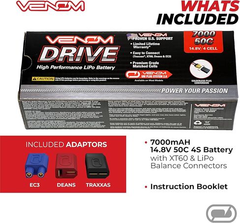 سلسلة محرك Venom 50C 4S - بطارية LiPo RC بقدرة 7000 مللي أمبير في الساعة 14.8 فولت - قابس عالمي 2.0، خلية ليثيوم بوليمر 4 - موصل سيليكون ناعم ومتوافق مع XT60، Traxxas، Deans، EC3، 2WD، 4WD، الشاحنات والعربات in Kuwait