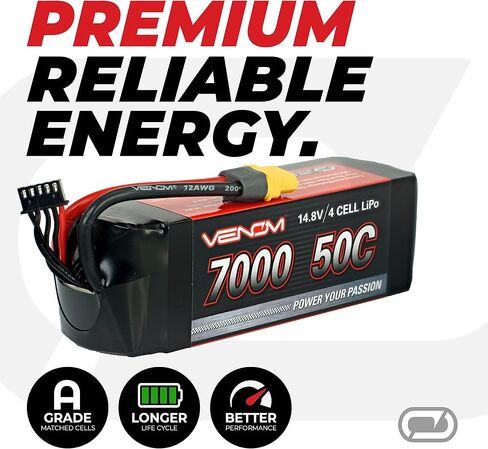 سلسلة محرك Venom 50C 4S - بطارية LiPo RC بقدرة 7000 مللي أمبير في الساعة 14.8 فولت - قابس عالمي 2.0، خلية ليثيوم بوليمر 4 - موصل سيليكون ناعم ومتوافق مع XT60، Traxxas، Deans، EC3، 2WD، 4WD، الشاحنات والعربات in Kuwait