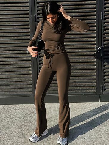 YEOREO Two Piece Sets for Women Long Sleeve Tops Drawstring Wide Leg Pants Matching Set Ava Tracksuits Loungewear in Saudi Arabia