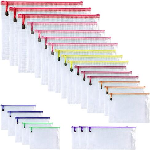 Oaimyy-Mesh Zipper Pouch Bags, 8 Sizes 8 Color Plastic Clear File Pouches for Organization, Zipper Pouches for Office Home Supplies Board Game Storage (Multicolor-9 pcs) in Kuwait