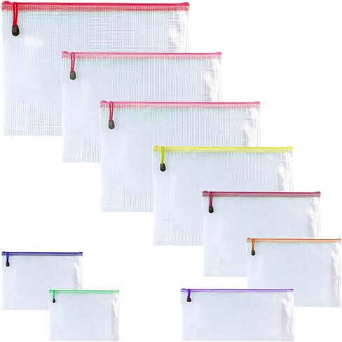 Oaimyy-Mesh Zipper Pouch Bags, 8 Sizes 8 Color Plastic Clear File Pouches for Organization, Zipper Pouches for Office Home Supplies Board Game Storage (Multicolor-9 pcs) in Kuwait