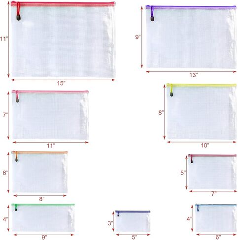 Oaimyy-Mesh Zipper Pouch Bags, 8 Sizes 8 Color Plastic Clear File Pouches for Organization, Zipper Pouches for Office Home Supplies Board Game Storage (Multicolor-9 pcs) in Kuwait