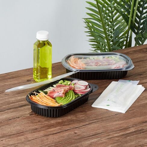 Restaurantware-RW Base 21 Ounce Meal Prep Containers, 50 Microwavable To Go Containers With Lids - Disposable, Freezable, Black Plastic Oval Food Containers, Pack Hot And Cold Food, For Takeaway in Saudi Arabia