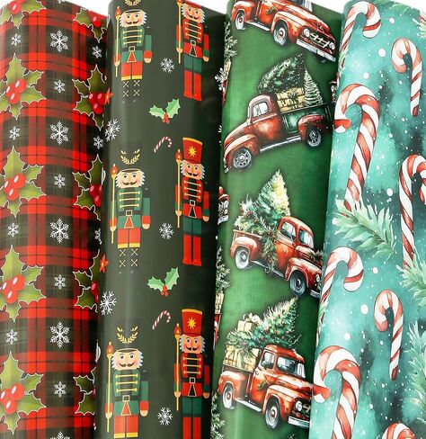 U'COVER Christmas Wrapping Paper - Red Green Xmas Gift Wrapping Paper Sets 8 Large Sheet Holiday Gift Wrap for Men Kids Boys - Nutcracker, Buffalo Plaid, Vintage Truck, Tree, Candy Cane 27 X 37inch in Saudi Arabia