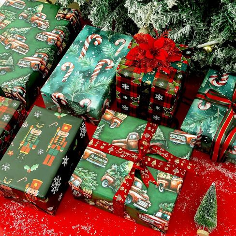 U'COVER Christmas Wrapping Paper - Red Green Xmas Gift Wrapping Paper Sets 8 Large Sheet Holiday Gift Wrap for Men Kids Boys - Nutcracker, Buffalo Plaid, Vintage Truck, Tree, Candy Cane 27 X 37inch in Saudi Arabia