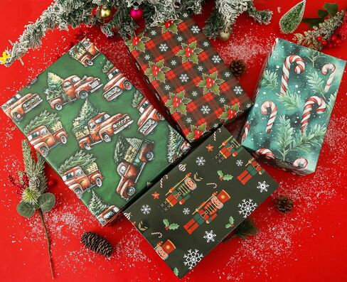 U'COVER Christmas Wrapping Paper - Red Green Xmas Gift Wrapping Paper Sets 8 Large Sheet Holiday Gift Wrap for Men Kids Boys - Nutcracker, Buffalo Plaid, Vintage Truck, Tree, Candy Cane 27 X 37inch in Saudi Arabia