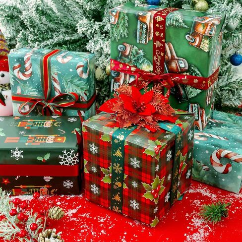 U'COVER Christmas Wrapping Paper - Red Green Xmas Gift Wrapping Paper Sets 8 Large Sheet Holiday Gift Wrap for Men Kids Boys - Nutcracker, Buffalo Plaid, Vintage Truck, Tree, Candy Cane 27 X 37inch in Saudi Arabia