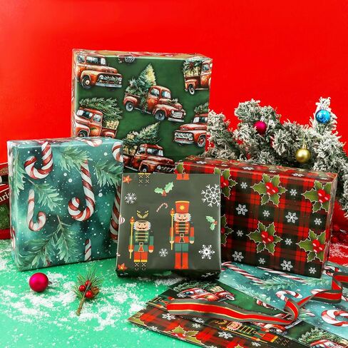 U'COVER Christmas Wrapping Paper - Red Green Xmas Gift Wrapping Paper Sets 8 Large Sheet Holiday Gift Wrap for Men Kids Boys - Nutcracker, Buffalo Plaid, Vintage Truck, Tree, Candy Cane 27 X 37inch in Saudi Arabia