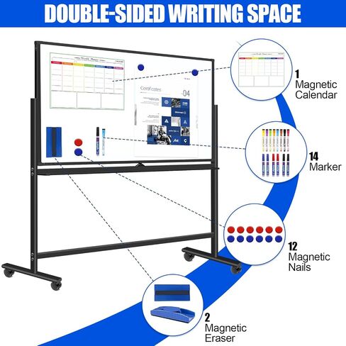 Large Rolling White Boards on Wheels 72 X 36 Inches, Double-Sided Magnetic Mobile Whiteboard with Stands, Dry Erase Board Stand Up White Board with Eraser & Marker & Magnet & Magnetic Calendar in Kuwait