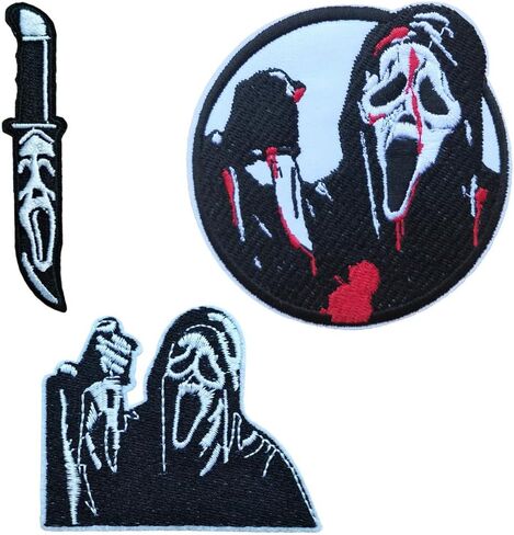 3 قطع من شارة قماش لفيلم الرعب Scream Killer مطرزة بالحديد على رقعة الهالوين، أبيض/أسود in Kuwait