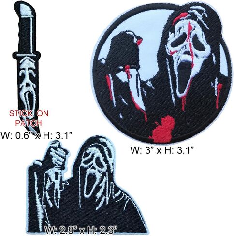 3 قطع من شارة قماش لفيلم الرعب Scream Killer مطرزة بالحديد على رقعة الهالوين، أبيض/أسود in Kuwait