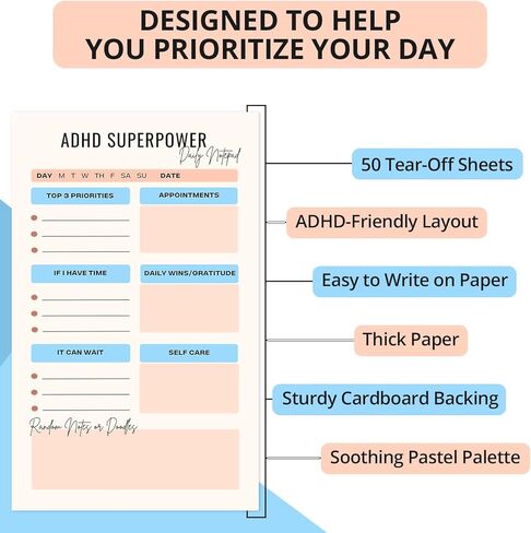Noteworthy Designs ADHD Superpower Daily to Do List Notepad – Tear-Off ADHD Planner for Adults and Teens, ADHD Tools for Focus, Organization and Work, 5 x 8 in in Saudi Arabia
