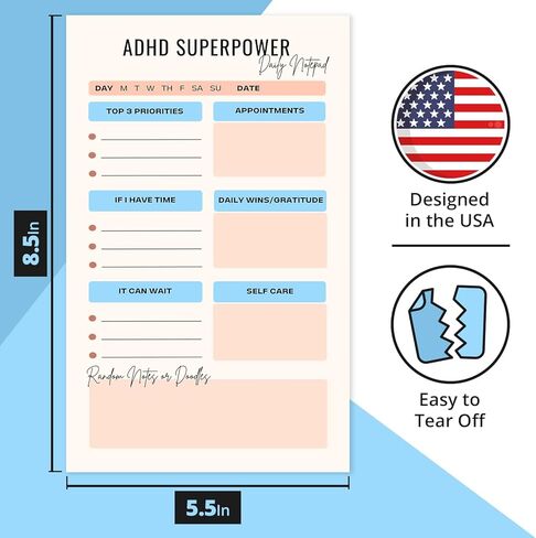 Noteworthy Designs ADHD Superpower Daily to Do List Notepad – Tear-Off ADHD Planner for Adults and Teens, ADHD Tools for Focus, Organization and Work, 5 x 8 in in Saudi Arabia