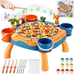 Magnetic Fishing Game - Fishing Toy with 45 Fish, 8 Fishing Poles, 4 Support Feet, Rotating Board, On-Off Music - Classics Fish Toys for Toddlers & Kids Age 3 4 5 6 7 8 and Up (Blue)