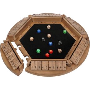 Shut The Box Game for 1-6 Players, Plusvivo Large Round Wooden Board Dice Game with 14 Dice for Adults, 6 Way Clever Math Game for Home Classroom or Pub