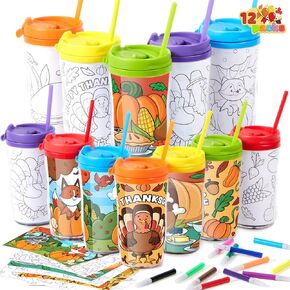JOYIN 12 Pcs Thanksgiving Coloring Cup, Plastic Thanksgiving Cups for Kids, Thanksgiving Arts and Crafts, Thanksgiving Plastic Party Cups, Thanksgiving Crafts for Kids, Classroom Exchange Gift Prizes